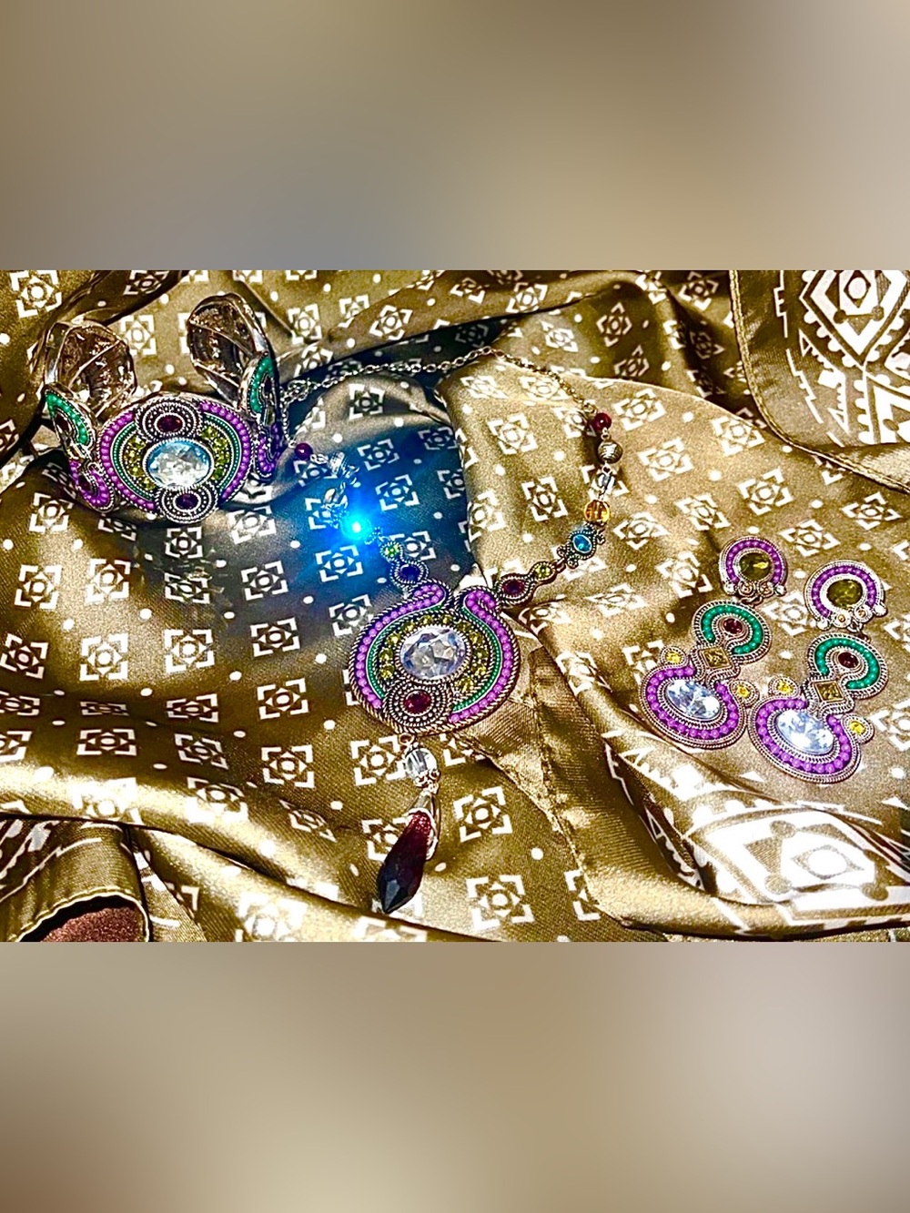 Boho Glam Purple, Green, and silver Necklace, Earrings, & Cuff  - 3 piece SET